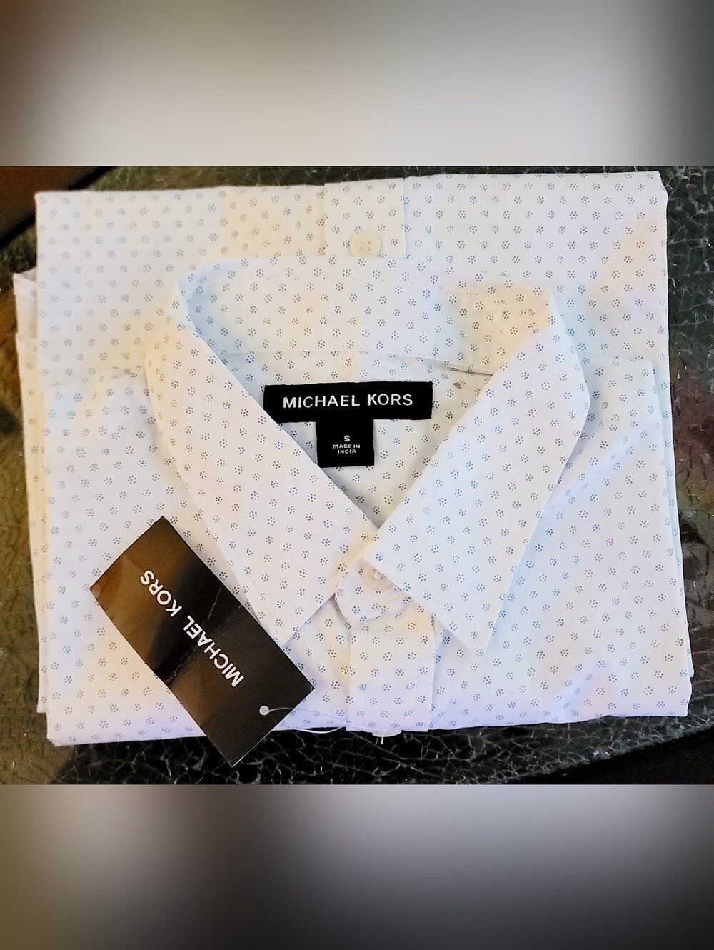 Michael Kors White Dress Shirt with Navy Micro Dot Pattern